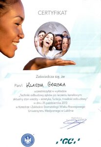 Certyfikat Techniki odbudowy zębów po leczeniu kanałowym Klaudia Górska - LitaszewskaLekarz Stomatolog - Klaudia Gorska