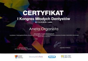 Aneta Organista Certyfikat I Kongres Młodych DentystówAneta Organista