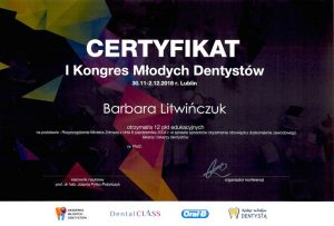 Barbara Litwińczuk Certyfikat I kongres Młodych DentystówBarbara Litwińczuk