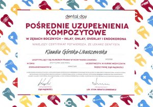 Certyfikat Pośrednie uzupełnienia kompozytowe Dental day Klaudia Górska LitaszewskaLekarz Stomatolog - Klaudia Gorska