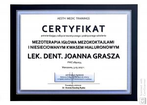 Certyfikat Mezoterapia igłowa mezokoktajlami i niesieciowanym kwasem hialuranowymJoanna Grasza