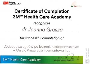 Certyfikat Joanna Grasza - 3M Odbudowa zębów po leczeniu endodontycznym - Onlay. Preparacja i cementowanieJoanna Grasza