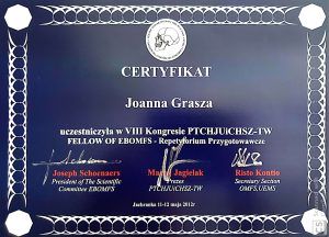 Certfikat VIII Kongres Ptchjuichsz - TW Fellow of EbomfsJoanna Grasza