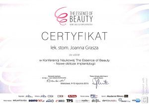 The Essence of Beauty Certyfikat Nowe oblicza implantologiiJoanna Grasza
